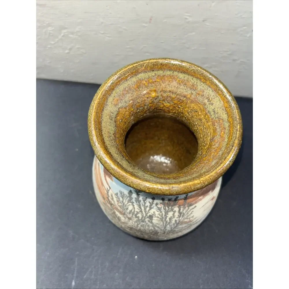 Potters Hand Pottery - Earthenware Vase w/ Painted Trees & Earthtone Background